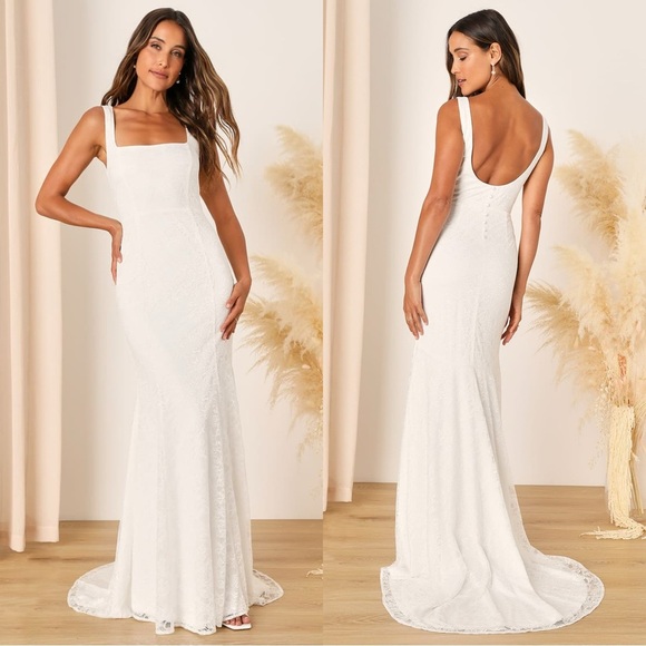 NWOT Lulus‎ Eternal Happiness White Lace Square Neck Mermaid Maxi Dress - Picture 1 of 9